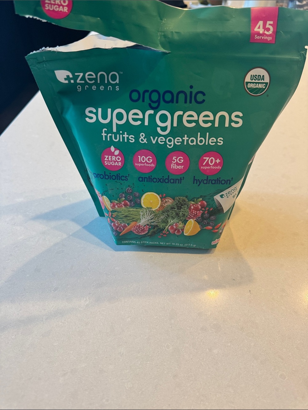 Zena Greens Organic Supergreens Fruits & Vegetables - Teal Packaging 36 packets